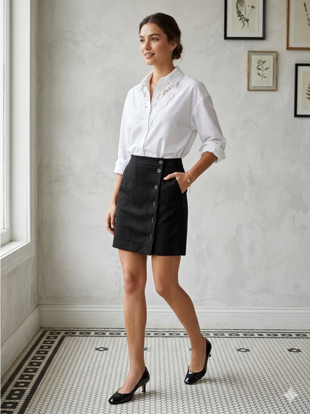 H&M Modern Classic Black Faux Suede Button-Front Pencil Skirt Size 4 NWOT